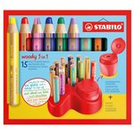 Set x 15 crayons multi-talents woody 3 in 1 + 1 taille-crayon + 1 plateau de rangement stabilo