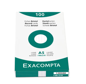 Étui de 100 fiches bristol blanc ligné non perforé 148x210mm Blanc EXACOMPTA