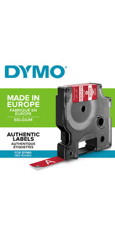 DYMO Rhino - Etiquettes Industrielles Vinyle 12mm x 5.5m - Blanc sur Rouge