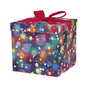 Boîte cadeau avec nœud- bulles et étoiles